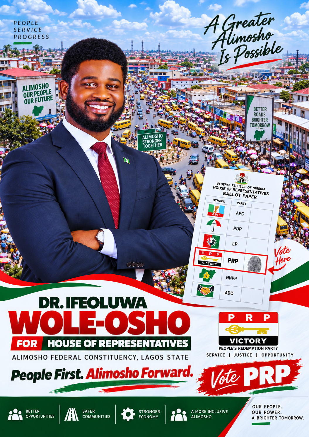 Campaign poster for Dr. Ifeoluwa Wole-Osho, House of Representatives, Alimosho Federal Constituency, Lagos State, People's Redemption Party (PRP).